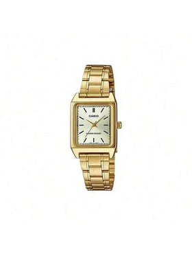 Casio ساعة نسائية كاسيو، قطر الميناء 31 مم * 22 مم مستطيلة باللون الأبيض، سوار من الفولاذ المقاوم للصدأ بلون ذهبي، مقاومة للماء لعمق 30 متر، إبزيم قابل للطي، زجاج معدني