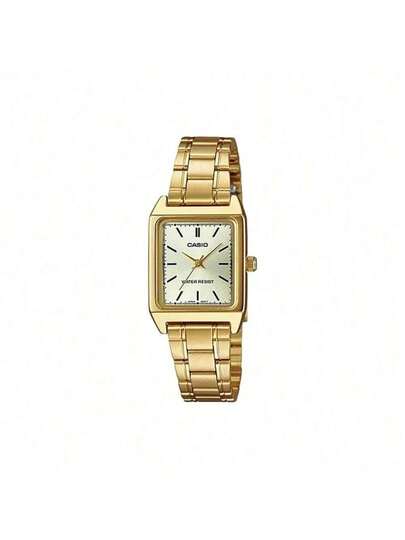 Casio ساعة نسائية كاسيو، قطر الميناء 31 مم * 22 مم مستطيلة باللون الأبيض، سوار من الفولاذ المقاوم للصدأ بلون ذهبي، مقاومة للماء لعمق 30 متر، إبزيم قابل للطي، زجاج معدني
