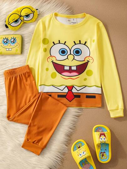 SpongeBob SquarePants | SHEIN طقم بيجامة مكون من بنطال بني وتي شيرت بأكمام طويلة مزين برسوم كرتونية جذابة للأولاد المراهقين، بتصميم مناسب