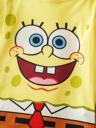 SpongeBob SquarePants | SHEIN طقم بيجامة مكون من بنطال بني وتي شيرت بأكمام طويلة مزين برسوم كرتونية جذابة للأولاد المراهقين، بتصميم مناسب