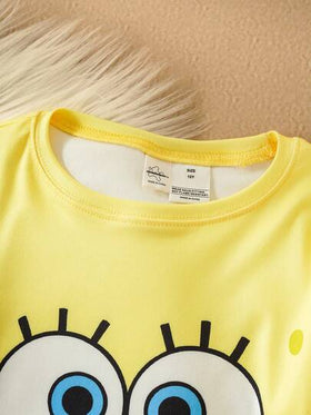 SpongeBob SquarePants | SHEIN طقم بيجامة مكون من بنطال بني وتي شيرت بأكمام طويلة مزين برسوم كرتونية جذابة للأولاد المراهقين، بتصميم مناسب