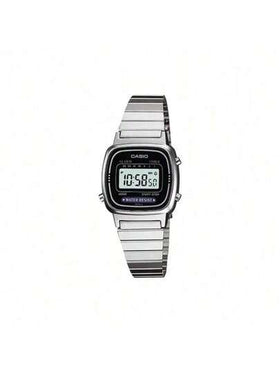 Casio ساعة كاسيو نسائية مربعة رقمية، قطر الميناء 30.3 مم أسود، سوار من الفولاذ المقاوم للصدأ، إبزيم قابل للطي، حركة كوارتز، زجاج راتنجي، بروفايل رفيع 7.3 مم LA670WA-1D