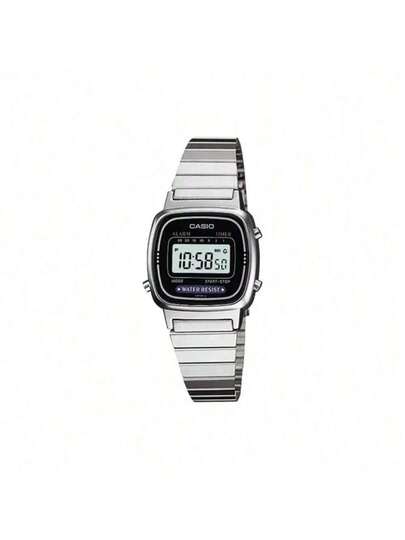 Casio ساعة كاسيو نسائية مربعة رقمية، قطر الميناء 30.3 مم أسود، سوار من الفولاذ المقاوم للصدأ، إبزيم قابل للطي، حركة كوارتز، زجاج راتنجي، بروفايل رفيع 7.3 مم LA670WA-1D