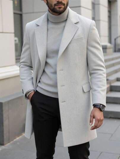 Manfinity Homme معطف طويل الأكمام بجيب وأزرار أمامية بلون واحد للرجال، معطف خروج خريفي، هدايا للأصدقاء والزوج والحبيب، شتاء
