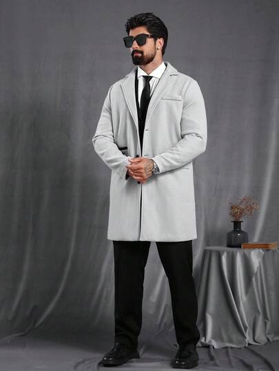 Manfinity Homme معطف طويل الأكمام بجيب وأزرار أمامية بلون واحد للرجال، معطف خروج خريفي، هدايا للأصدقاء والزوج والحبيب، شتاء