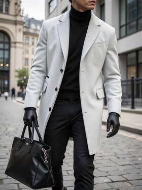 Manfinity Homme معطف طويل الأكمام بجيب وأزرار أمامية بلون واحد للرجال، معطف خروج خريفي، هدايا للأصدقاء والزوج والحبيب، شتاء