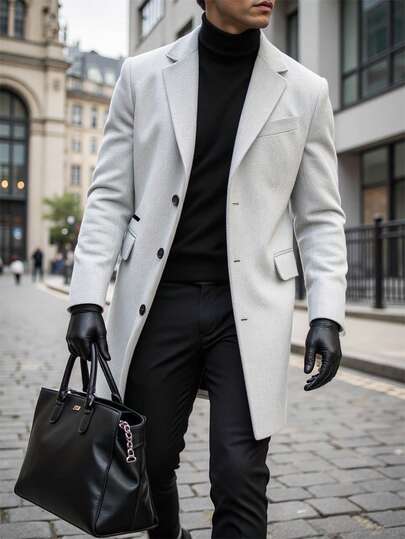 Manfinity Homme معطف طويل الأكمام بجيب وأزرار أمامية بلون واحد للرجال، معطف خروج خريفي، هدايا للأصدقاء والزوج والحبيب، شتاء