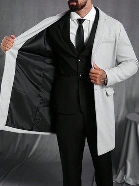 Manfinity Homme معطف طويل الأكمام بجيب وأزرار أمامية بلون واحد للرجال، معطف خروج خريفي، هدايا للأصدقاء والزوج والحبيب، شتاء