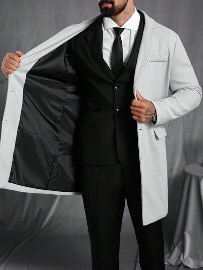 Manfinity Homme معطف طويل الأكمام بجيب وأزرار أمامية بلون واحد للرجال، معطف خروج خريفي، هدايا للأصدقاء والزوج والحبيب، شتاء