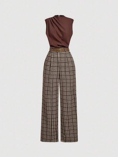 SHEIN MOD جمبسوت نسائية موضة الركوب مربعات ملونة بدون أكمام