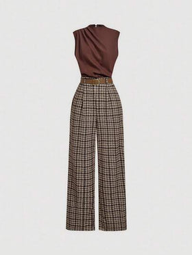 SHEIN MOD جمبسوت نسائية موضة الركوب مربعات ملونة بدون أكمام