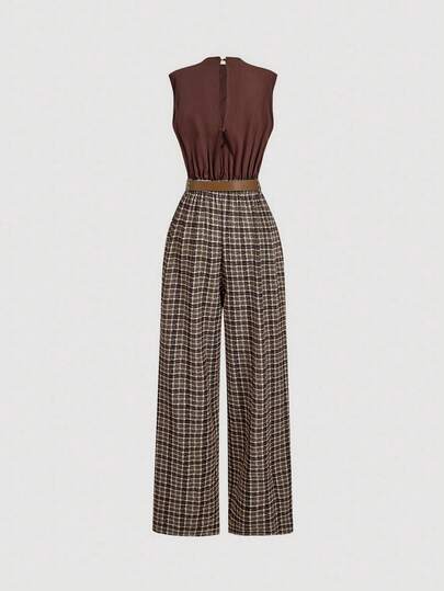 SHEIN MOD جمبسوت نسائية موضة الركوب مربعات ملونة بدون أكمام