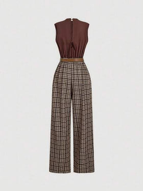 SHEIN MOD جمبسوت نسائية موضة الركوب مربعات ملونة بدون أكمام