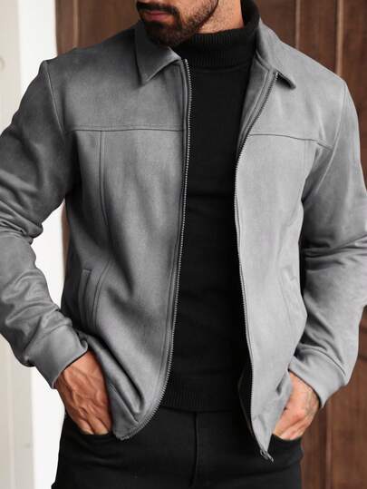 Manfinity CasualCool معطف رجالي أحادي اللون بأكمام طويلة من الفليس المخملي، جاكيت رجالية بسيطة للاستخدام اليومي، جاكيت رمادية بسحاب للرجال، سترات كاجوال للشتاء