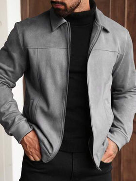 Manfinity CasualCool معطف رجالي أحادي اللون بأكمام طويلة من الفليس المخملي، جاكيت رجالية بسيطة للاستخدام اليومي، جاكيت رمادية بسحاب للرجال، سترات كاجوال للشتاء