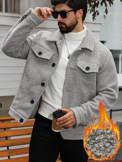 Manfinity Homme معطف كاجوال أحادي الصدر من الفرو الصناعي للرجال، خريف/شتاء