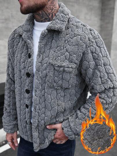 Manfinity CasualCool معطف طويل كاجوال أحادي الصدر بجيب، أكمام طويلة من الفليس، معطف شتوي/خريفي باللون الرمادي