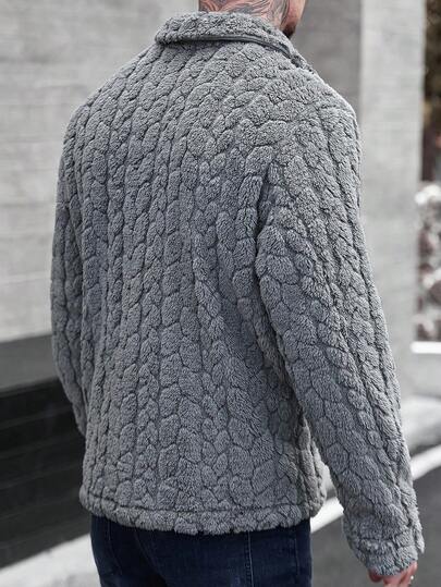 Manfinity CasualCool معطف طويل كاجوال أحادي الصدر بجيب، أكمام طويلة من الفليس، معطف شتوي/خريفي باللون الرمادي