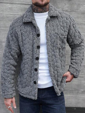 Manfinity CasualCool معطف طويل كاجوال أحادي الصدر بجيب، أكمام طويلة من الفليس، معطف شتوي/خريفي باللون الرمادي