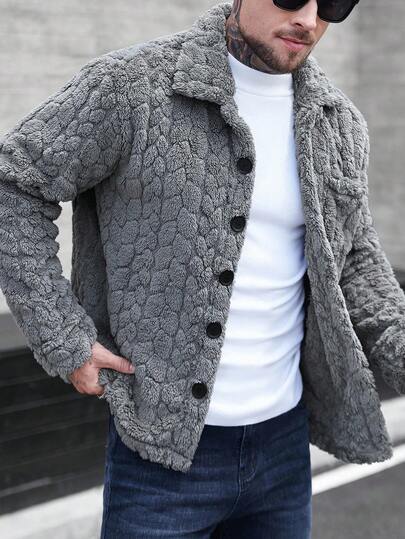 Manfinity CasualCool معطف طويل كاجوال أحادي الصدر بجيب، أكمام طويلة من الفليس، معطف شتوي/خريفي باللون الرمادي