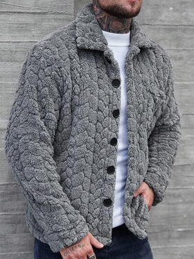 Manfinity CasualCool معطف طويل كاجوال أحادي الصدر بجيب، أكمام طويلة من الفليس، معطف شتوي/خريفي باللون الرمادي