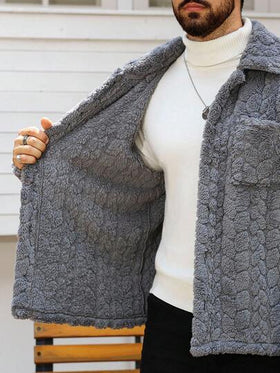 Manfinity CasualCool معطف طويل كاجوال أحادي الصدر بجيب، أكمام طويلة من الفليس، معطف شتوي/خريفي باللون الرمادي
