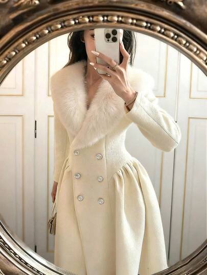 Glamine معطف أنيق بطراز قصر رومانسي للفتاة، مزين بياقة من الفرو الاصطناعي وأزرار اللؤلؤ، إطلالة أكاديمية شبابية، معطف مصنوع من خليط الصوف بطراز شيك للشارع، مناسب للشتاء