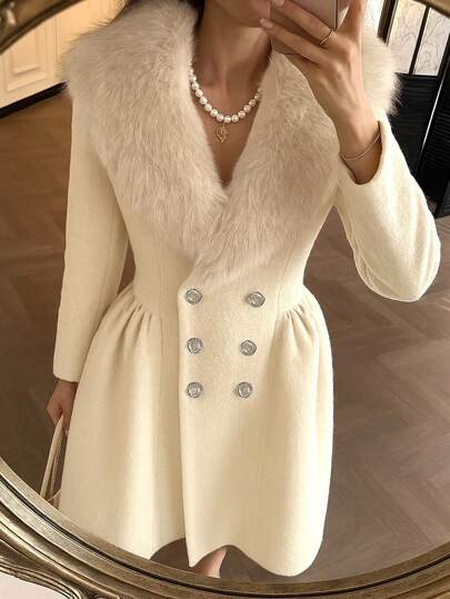 Glamine معطف أنيق بطراز قصر رومانسي للفتاة، مزين بياقة من الفرو الاصطناعي وأزرار اللؤلؤ، إطلالة أكاديمية شبابية، معطف مصنوع من خليط الصوف بطراز شيك للشارع، مناسب للشتاء