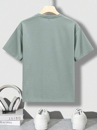 SHEIN ملابس علوية كاجوال للمراهقين بأكمام قصيرة منسدلة مع نص إنجليزي مُنقّش ثلاثي الأبعاد