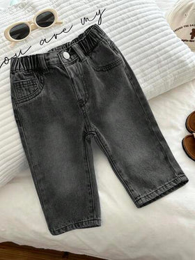 SHEIN بنطلون جينز أطفال ولادي بخصر مطاطي لون أحادي متعدد الاستخدامات