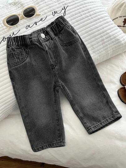 SHEIN بنطلون جينز أطفال ولادي بخصر مطاطي لون أحادي متعدد الاستخدامات