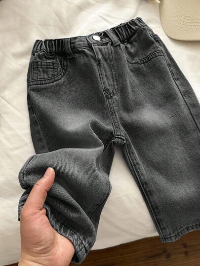 SHEIN بنطلون جينز أطفال ولادي بخصر مطاطي لون أحادي متعدد الاستخدامات