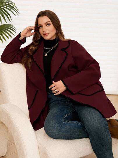 EMERY ROSE معطف من خليط الصوف بتباين بني وحافة سوداء للنساء ذوات الحجم الكبير في فصلي الخريف والشتاء