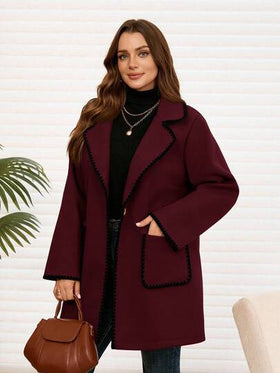 EMERY ROSE معطف من خليط الصوف بتباين بني وحافة سوداء للنساء ذوات الحجم الكبير في فصلي الخريف والشتاء