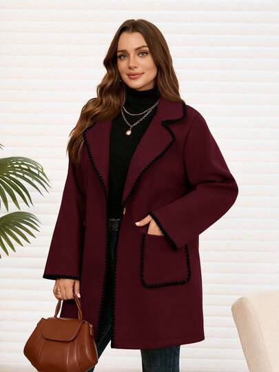 EMERY ROSE معطف من خليط الصوف بتباين بني وحافة سوداء للنساء ذوات الحجم الكبير في فصلي الخريف والشتاء