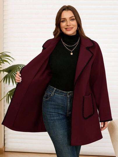 EMERY ROSE معطف من خليط الصوف بتباين بني وحافة سوداء للنساء ذوات الحجم الكبير في فصلي الخريف والشتاء
