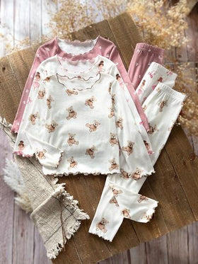 Emery Rose Kids Emery Rose Kids 6 قطع/مجموعة طقم ملابس منزلية كاجوال من تي شيرت مطبوع بالزهور والدب وبنطلون مصنوع من الأقمشة المحبوكة للفتيات الصغيرات