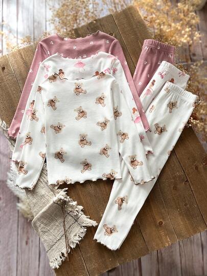 Emery Rose Kids Emery Rose Kids 6 قطع/مجموعة طقم ملابس منزلية كاجوال من تي شيرت مطبوع بالزهور والدب وبنطلون مصنوع من الأقمشة المحبوكة للفتيات الصغيرات