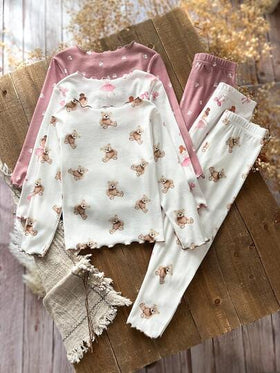 Emery Rose Kids Emery Rose Kids 6 قطع/مجموعة طقم ملابس منزلية كاجوال من تي شيرت مطبوع بالزهور والدب وبنطلون مصنوع من الأقمشة المحبوكة للفتيات الصغيرات