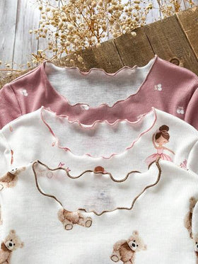 Emery Rose Kids Emery Rose Kids 6 قطع/مجموعة طقم ملابس منزلية كاجوال من تي شيرت مطبوع بالزهور والدب وبنطلون مصنوع من الأقمشة المحبوكة للفتيات الصغيرات