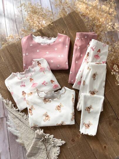Emery Rose Kids Emery Rose Kids 6 قطع/مجموعة طقم ملابس منزلية كاجوال من تي شيرت مطبوع بالزهور والدب وبنطلون مصنوع من الأقمشة المحبوكة للفتيات الصغيرات