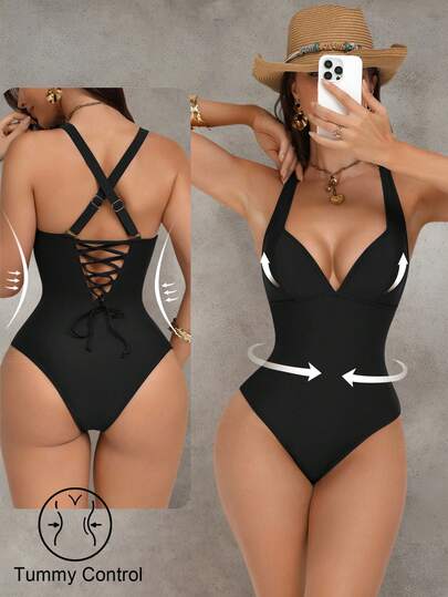 Shapewave بدلة سباحة نسائية من قطعة واحدة، لون بني مع تصميم رقعي، ذات تحكم في البطن وتأثير رفع الصدر، مع ظهر متقاطع وسحاب، أنيقة وجذابة للحفلات والاستخدام في المسبح