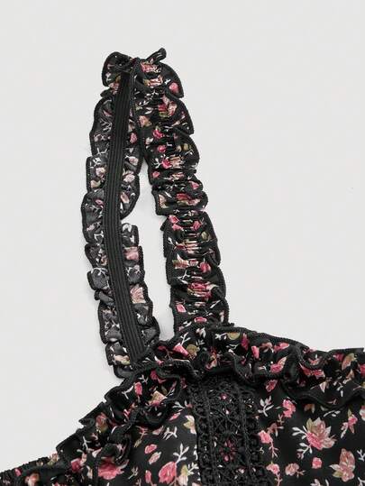 SHEIN MOD مجموعة بلوزة وتنورة مطبوعة بزهور وتزيين بالكشكشة للنساء