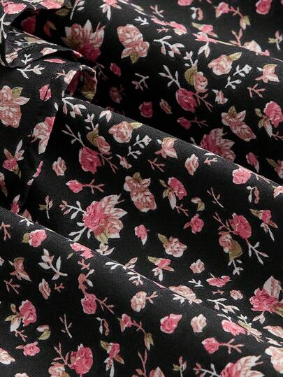 SHEIN MOD مجموعة بلوزة وتنورة مطبوعة بزهور وتزيين بالكشكشة للنساء