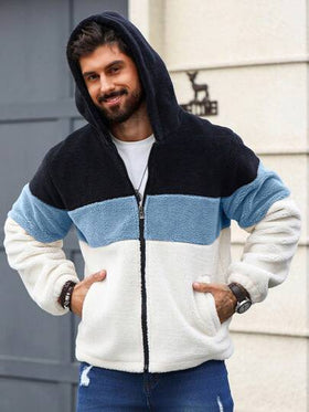 Manfinity Homme معطف رجالي بسحاب وقلنسوة، أكمام طويلة، بتصميم لون متباين ورقع، مناسب للاستخدام اليومي والرحلات والأنشطة الخارجية والعمل المريح والمناسبات شبه الرسمية، هدية للصديق/الزوج، هدية عيد الميلاد والذكرى