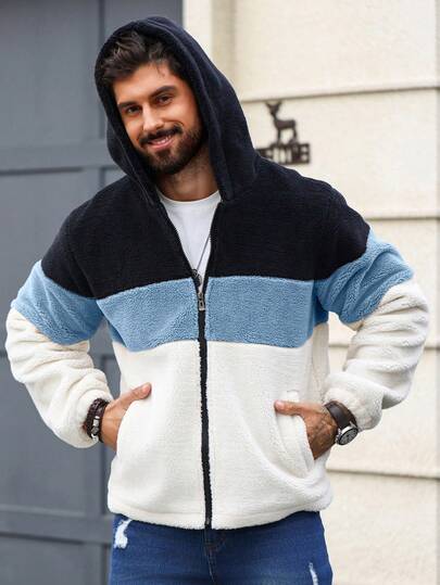 Manfinity Homme معطف رجالي بسحاب وقلنسوة، أكمام طويلة، بتصميم لون متباين ورقع، مناسب للاستخدام اليومي والرحلات والأنشطة الخارجية والعمل المريح والمناسبات شبه الرسمية، هدية للصديق/الزوج، هدية عيد الميلاد والذكرى