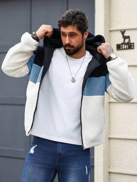 Manfinity Homme معطف رجالي بسحاب وقلنسوة، أكمام طويلة، بتصميم لون متباين ورقع، مناسب للاستخدام اليومي والرحلات والأنشطة الخارجية والعمل المريح والمناسبات شبه الرسمية، هدية للصديق/الزوج، هدية عيد الميلاد والذكرى