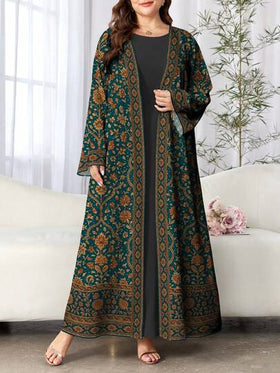 SHEIN Najma رمضان عباية عربية كاجوال طويلة الأكمام مطبوعة رقميًا بطبعة زهور فنية، للربيع والخريف