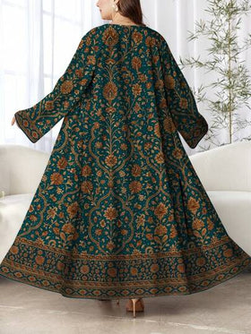 SHEIN Najma رمضان عباية عربية كاجوال طويلة الأكمام مطبوعة رقميًا بطبعة زهور فنية، للربيع والخريف