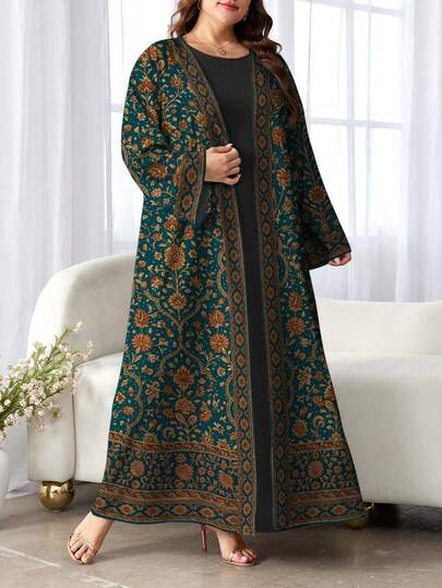 SHEIN Najma رمضان عباية عربية كاجوال طويلة الأكمام مطبوعة رقميًا بطبعة زهور فنية، للربيع والخريف